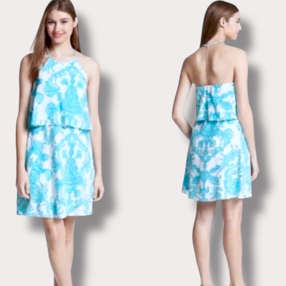 Lilly Pulitzer Whistler Blue/White Silk Dress W Rhinestone Halter Size 2